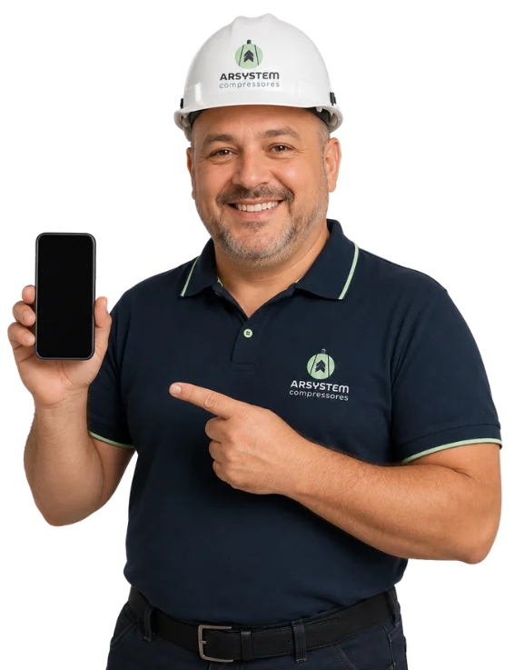 Técnico da Arsystem apresentando atendimento para locação de compressores industriais
