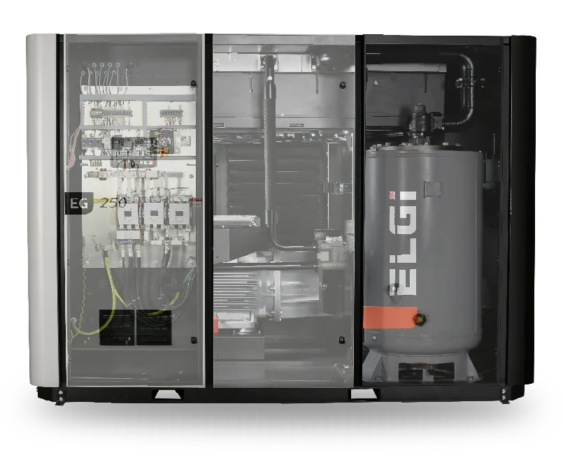 Vista interna do compressor de parafuso ELGi EG 250 com seus principais sistemas