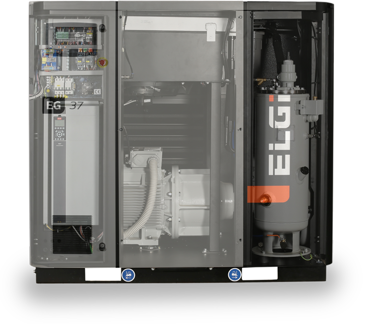 Principais sistemas internos do compressor de parafuso ELGi Série EG de 11 a 75 kW