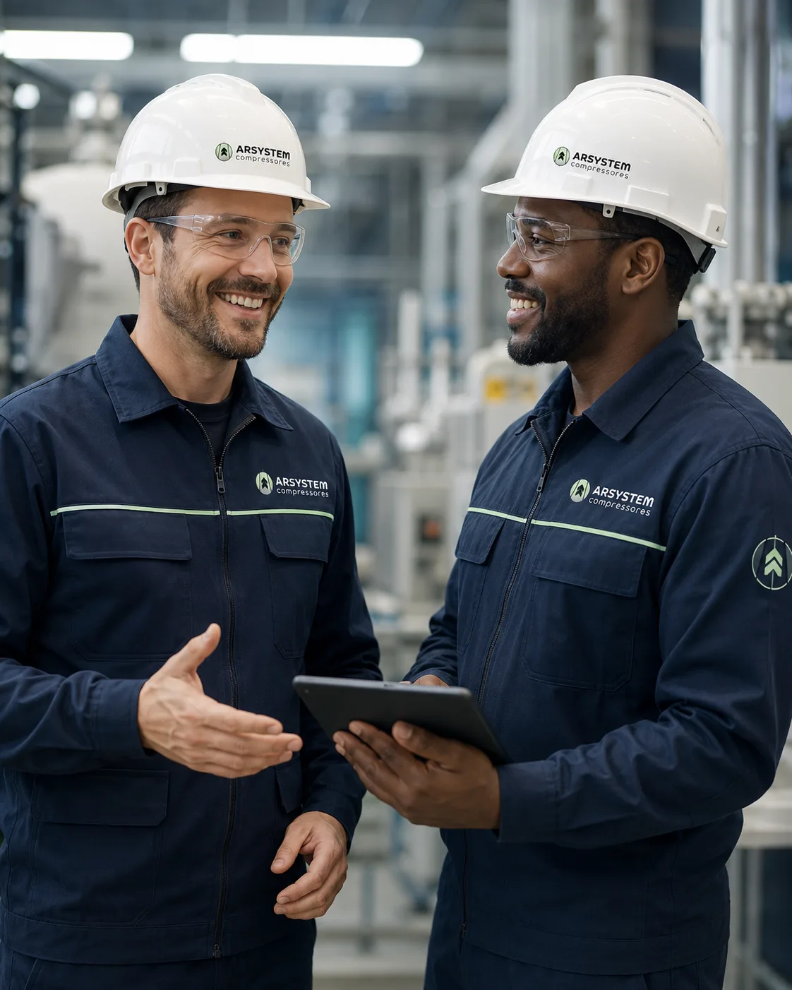Dois técnicos da Arsystem conversando em ambiente industrial