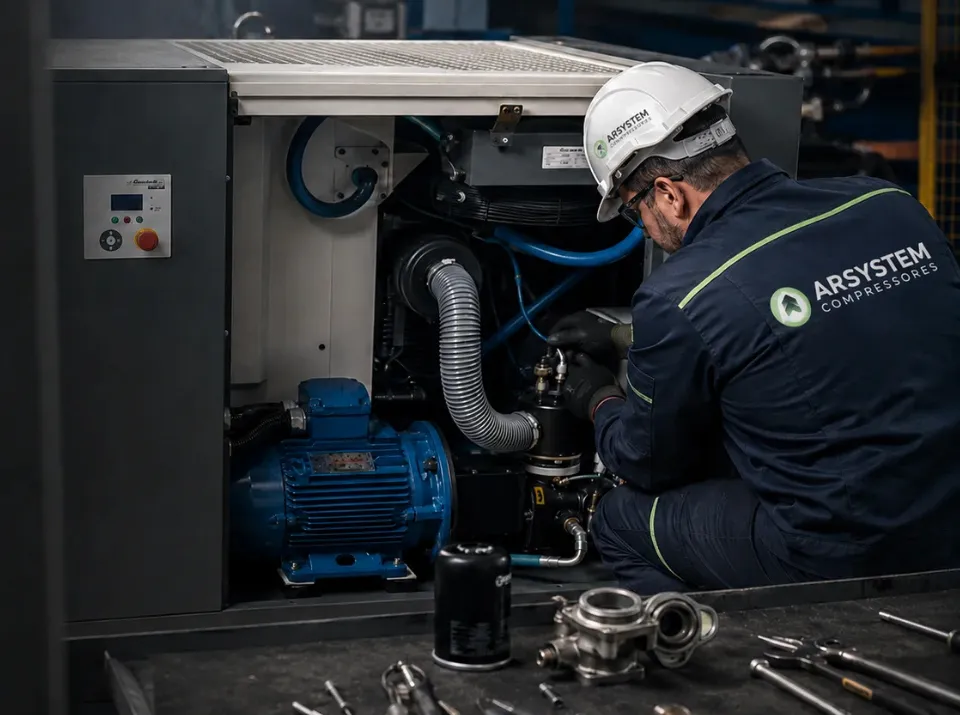 Técnico da Arsystem realizando diagnóstico de manutenção corretiva em compressor industrial