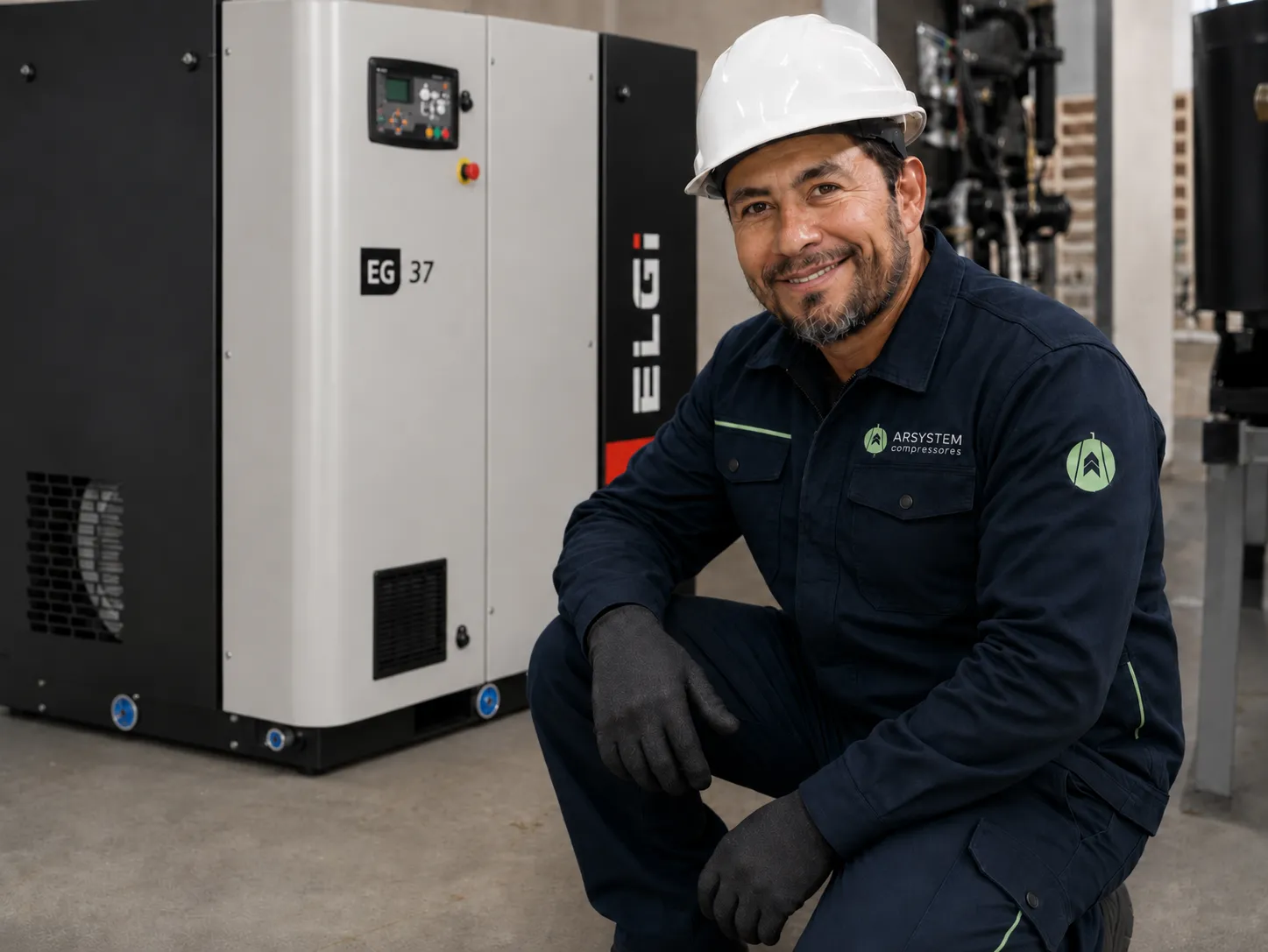 Técnico da Arsystem realizando manutenção preventiva em compressor industrial