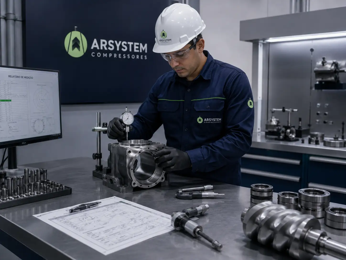 Técnico realizando inspeção dimensional durante retífica de compressor industrial