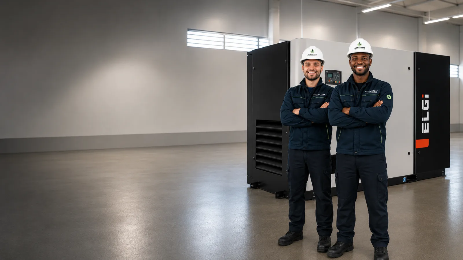 Técnicos da Arsystem ao lado de compressor industrial ELGi